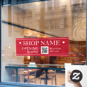 SHOP NAME, Opening bald, QR Code, Red & White Fensteraufkleber