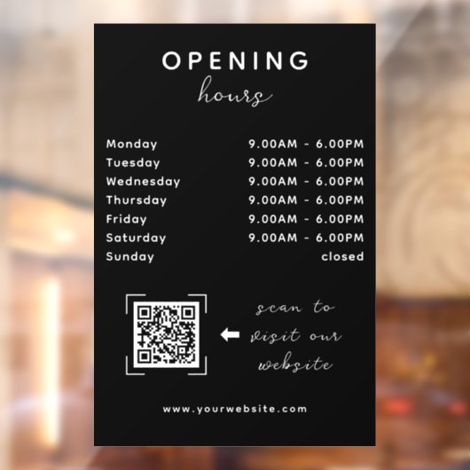 Shop Open Timing QR Code Sleek Black Fensteraufkleber (Blatt 2)
