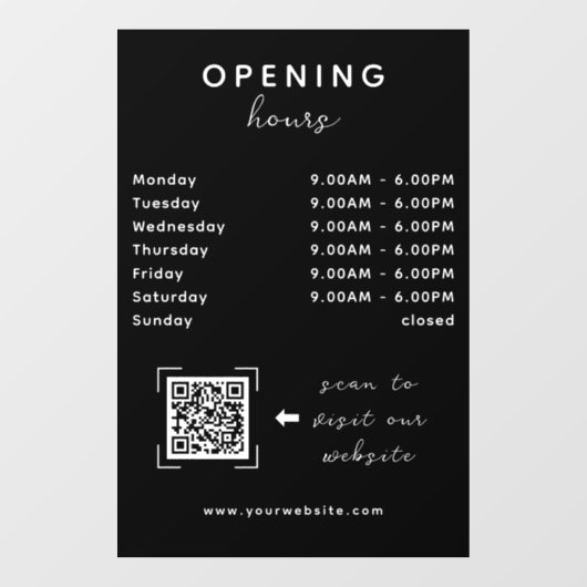 Shop Open Timing QR Code Sleek Black Fensteraufkleber (Blatt)