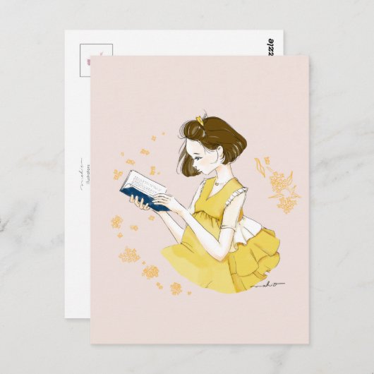 Short Bob Girl Reading Illustration Postkarte (Vorne/Hinten)
