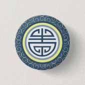 Shou Chinese Longevity Symbol - Blau und Gelb Button (Vorderseite)