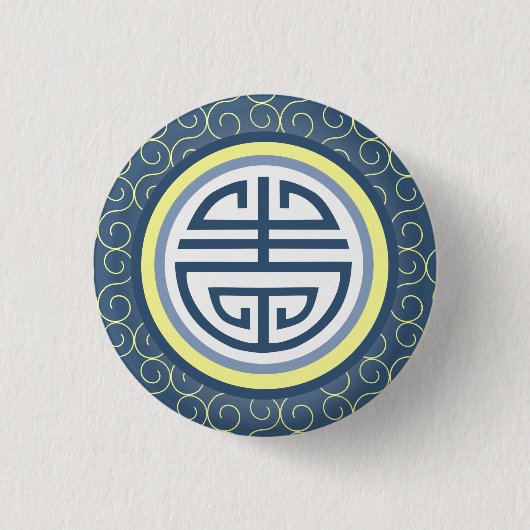 Shou Chinese Longevity Symbol - Blau und Gelb Button (Vorderseite)