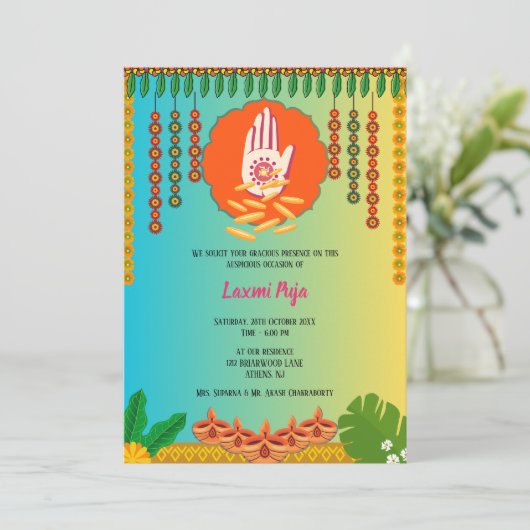 Shree Laxmi Puja Floral Einladung (Stehend Vorderseite)