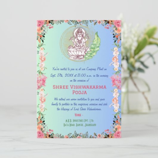 Shree Vishwakarma Pooja Floral Einladung (Stehend Vorderseite)