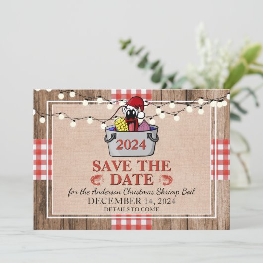 Shrimp Boil Rustikale Weihnachtsfeier Save The Date (Stehend Vorderseite)
