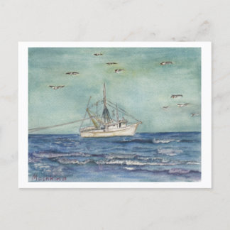 Shrimpenboot Wasserfarbe. Postkarte. Postkarte