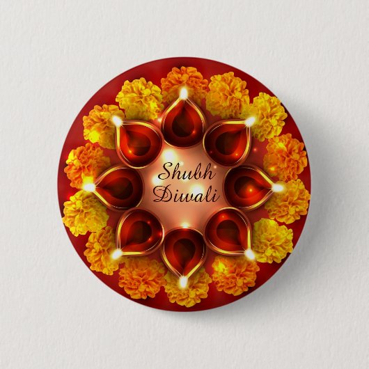 Shubh Diwali Diyas und Marigolds Button (Vorderseite)