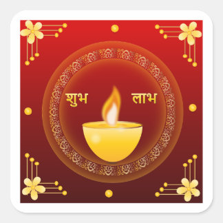 Shubh Labh Diwali Goldene Diya Rote Traditionelle Quadratischer Aufkleber