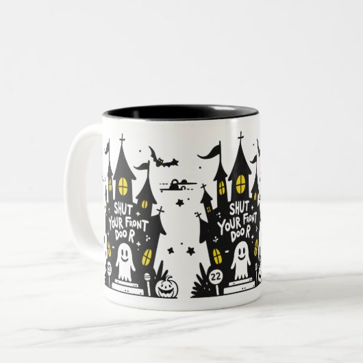 Shut Your Front Door Mug – Haunted House Ghost Zweifarbige Tasse (Vorderseite Links)