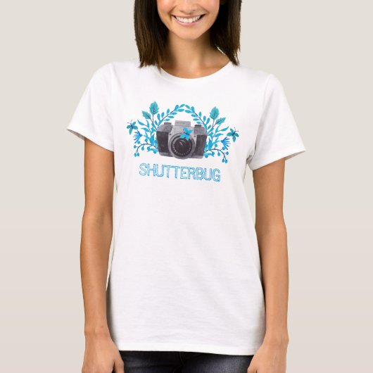 Shutterbug-Kamera mit blauen Blätter und Schmetter T-Shirt (Vorderseite)