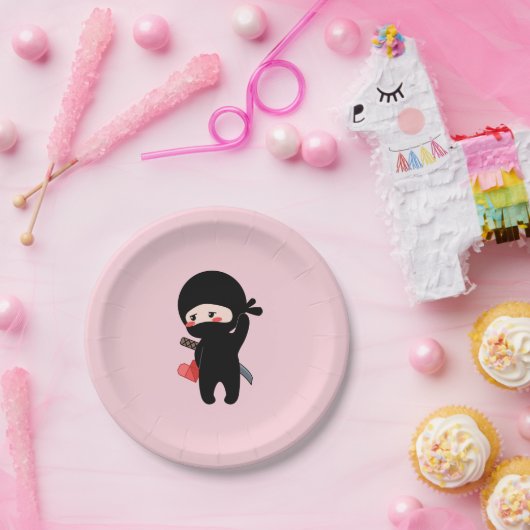 Shy Blushing Ninja Holding Origami Paper Heart Pnk Pappteller (Party)