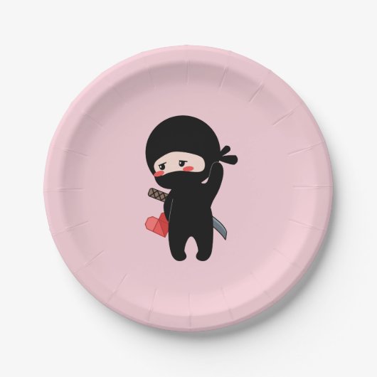Shy Blushing Ninja Holding Origami Paper Heart Pnk Pappteller (Vorderseite)