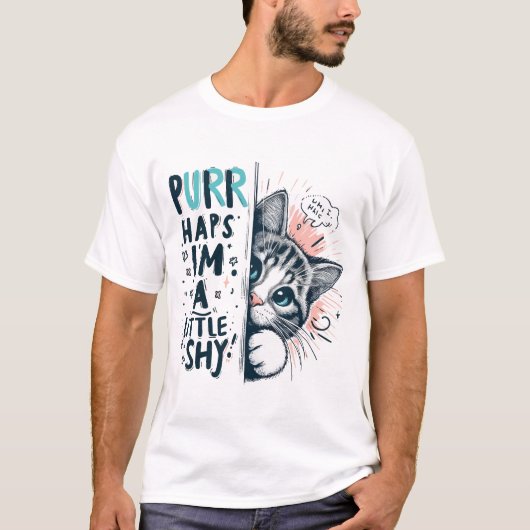Shy Cat Peeking Illustration T-Shirt (Vorderseite)