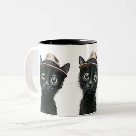 Shy Guy in a Trilby - Adorable Black Cat Zweifarbige Tasse (Vorderseite Links)