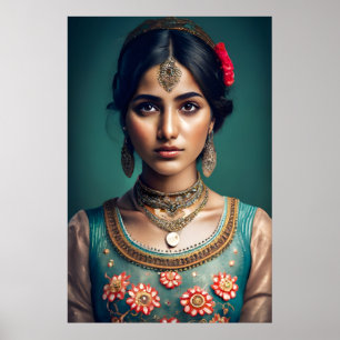 Shy indian Girl mit goldenen Ketten dekoriert Poster