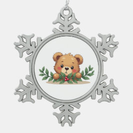 Shy Kawaii Teddy Bear Mistletoe Christmas Schneeflocken Zinn-Ornament