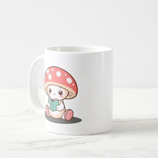 Shy Mushroom hält ein Buch Kaffeetasse (Vorderseite Links)