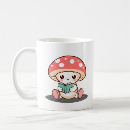 Shy Mushroom hält ein Buch Kaffeetasse