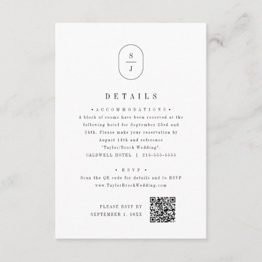 SHYLAH Monogram Einfache Schwarz-weiße Hochzeitdet Begleitkarte (Vorderseite)