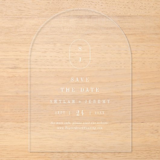 SHYLAH Monogram White Arch Wedding Save the Date Acryleinladungen (Vorderseite)