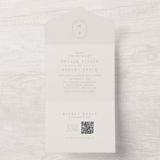 SHYLAH QR Code Minimal Gold Cream Neutral Wedding All In One Einladung (Innen Boden)