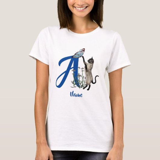 Siam Cat Butterfly Monogramm Initial A Name T-Shirt (Vorderseite)