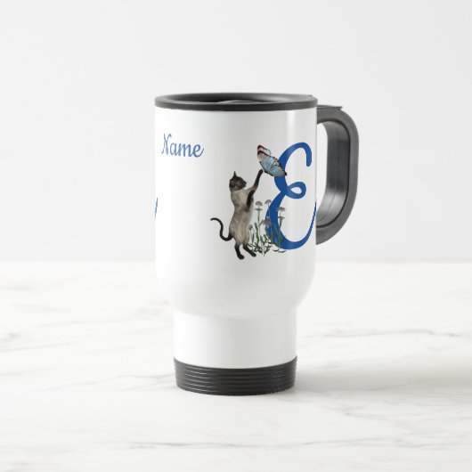Siam Cat Butterfly Monogramm Initial E Name Reisebecher (VorderseiteRechts)