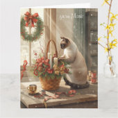 Siamese Cat arranging Flowers for WinterChristmas Karte (Gelbe Blume)