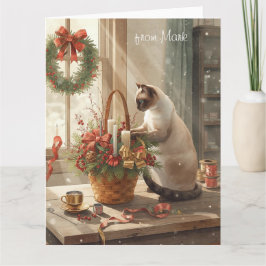 Siamese Cat arranging Flowers for WinterChristmas Karte