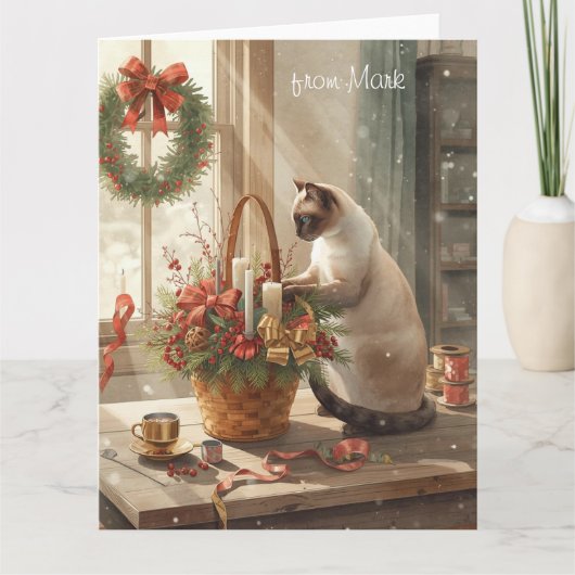Siamese Cat arranging Flowers for WinterChristmas Karte (Vorderseite)