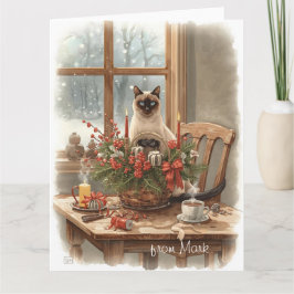 Siamese Cat arranging Flowers Winter Christmas Karte