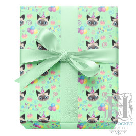 Siamese Cat Birthday Gift Wrapping Paper in Green Geschenkpapier