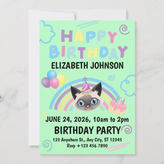 Siamese Cat Birthday Invitation in Green Einladung (Vorderseite)