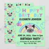 Siamese Cat Birthday Invitation in Green Einladung (Vorne/Hinten)