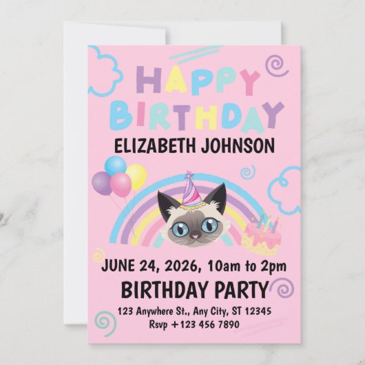 Siamese Cat Birthday Invitation in Pink Einladung (Vorderseite)