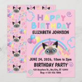 Siamese Cat Birthday Invitation in Pink Einladung (Vorne/Hinten)