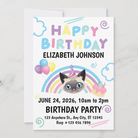 Siamese Cat Birthday Invitation in White Einladung (Vorderseite)