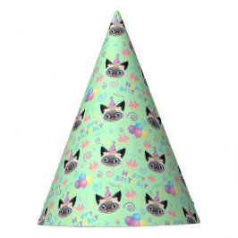 Siamese Cat Birthday Party Hat Green Partyhütchen