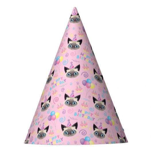 Siamese Cat Birthday Party Hat Pink Partyhütchen (Vorderseite)