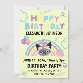 Siamese Cat Birthday Party Invitation Yellow Einladung