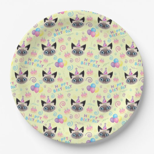 Siamese Cat Birthday Party Paper Plates Yellow Pappteller (Vorderseite)