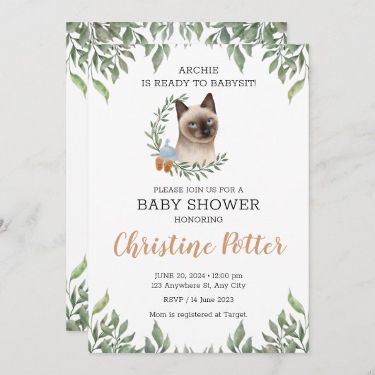Siamese Cat Boy Boho Greenery Baby Shower Einladung (Vorne/Hinten)