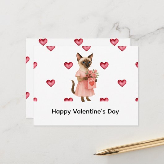 Siamese Cat brings roses for Valentines' day Postkarte (Vorderseite/Rückseite Beispiel)