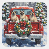 Siamese Cat Christmas Red Truck Holiday Quadratischer Aufkleber (Vorderseite)