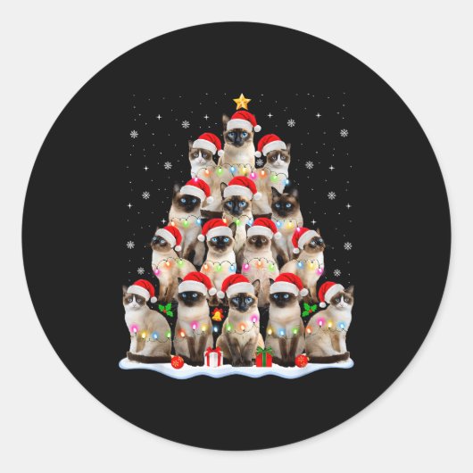 Siamese Cat Christmas Tree Lights Xmas Catmas Cat Runder Aufkleber (Vorderseite)