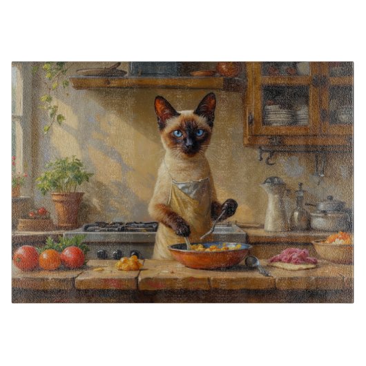 Siamese Cat Cooking in Kitchen Schneidebrett (Vorderseite)