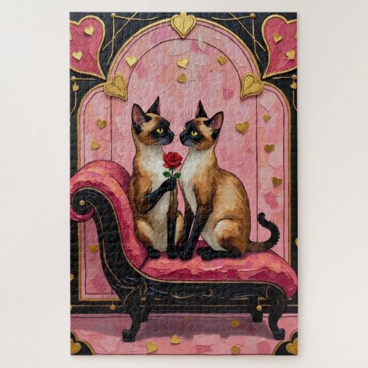 Siamese Cat Couple Art Deco Valentine's Day Puzzle (Vertikal)