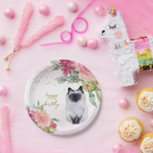 Siamese Cat Illustration Happy Birthday Girl Party Pappteller