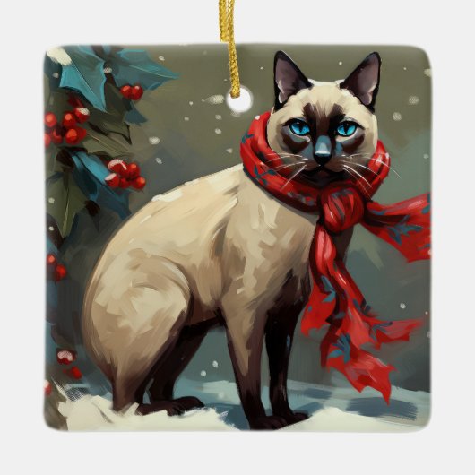 Siamese Cat in Schnee Weihnachten Keramikornament (Vorderseite)
