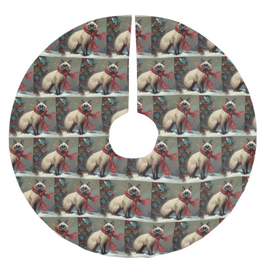 Siamese Cat in Schnee Weihnachten Polyester Weihnachtsbaumdecke (Vorderseite)